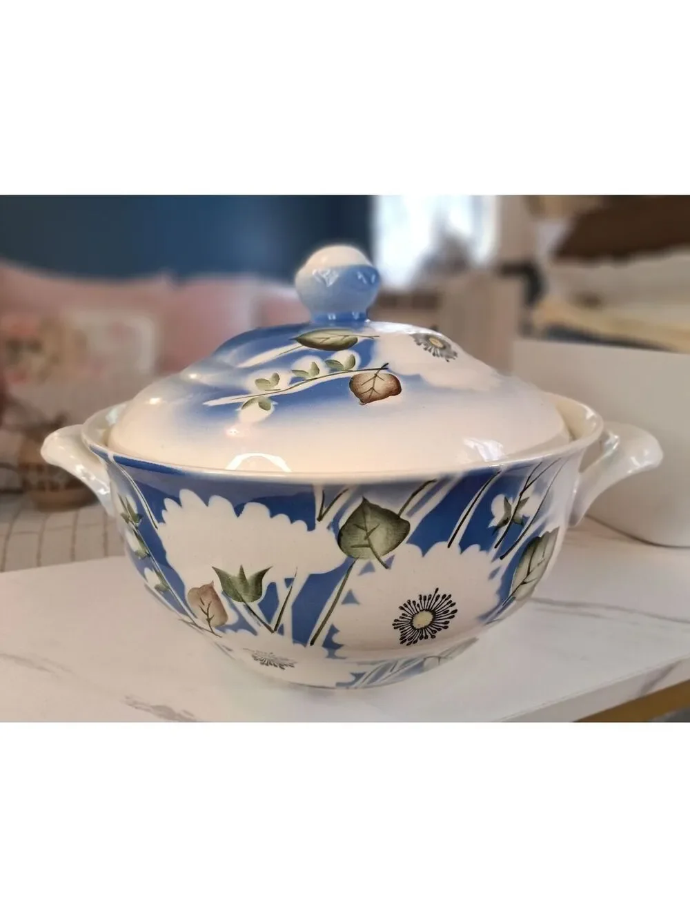 Vintage Faience Soup Tureen Blue Floral Soviet Era Krasnodar Porcelain 